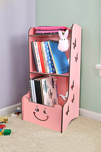 kutuTR 🧸 Pembe MDF Kelebek Desenli Çocuk Kitaplık & Oyuncak Dolabı (60x27,5x...
