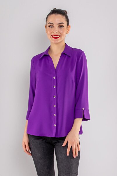 AYHAN 81834 Truvakar Kol Kruvaze Yaka Düğmeli Krep Bluz