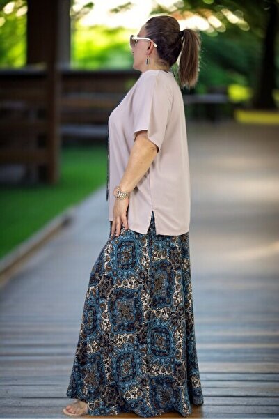 yagmurberen Wide Cut Cotton Viscose Trousers with Elastic Waist Skirt Flarli Combed Bluz Double Set