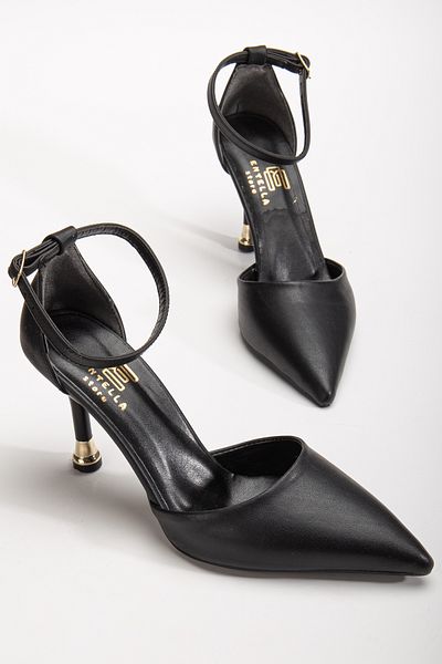 Entella Store Women's Black Leather Closed Back Pointed Stylish Heeled Stiletto Shoes