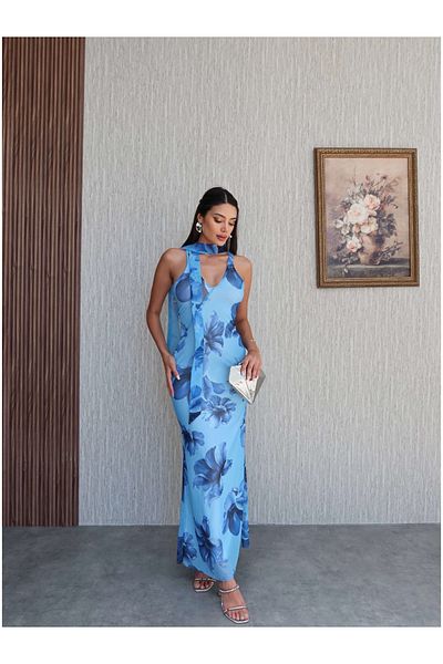 ESRAHELVACI Rochie lungă cu model de flori cu eșarfă de guler