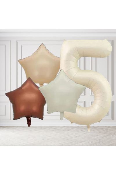 tedaks 5 Year Old Retro Cream Beige Brown Star Foil Balloon Set with Cream Numbers Birthday Stylish Party Ornament