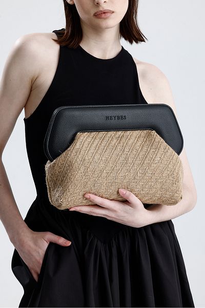 HEYBE'S Дамска чанта Heybes с черна рамка и юта, модел риленска кост