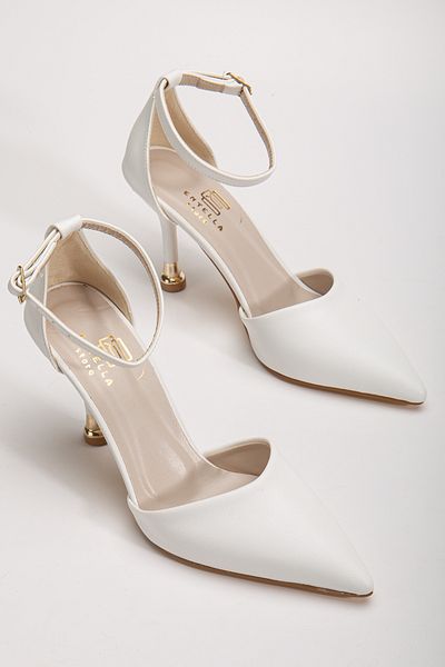 Entella Store Women's White Leather Closed Back Pointed Stylish Heeled Stiletto Shoes