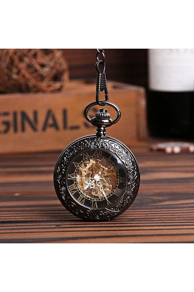 MBrands Pocket Watch, Black With Gold, Skeleton, Mechanical, With Chain, Vintage Style, Box