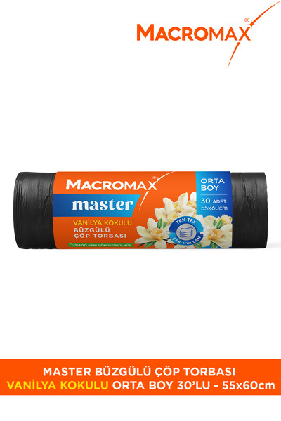 MACRO MAX Master Büzgülü Çöp Torbası Orta Boy (55x60cm) Vanilya Kokulu 30 Adet Süper Ekonomik Paket