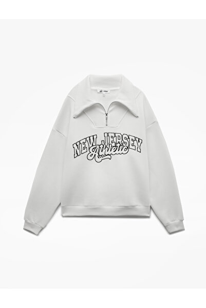 Koton Raised Long Sleeve Half Zip Collar Embroidered Oversize Sweatshirt