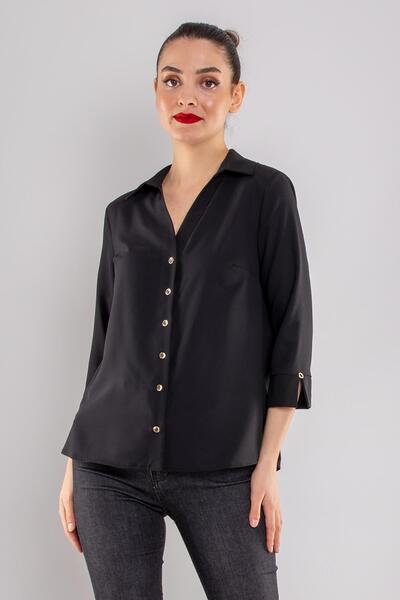 AYHAN 81834 Truvakar Kol Kruvaze Yaka Düğmeli Krep Bluz