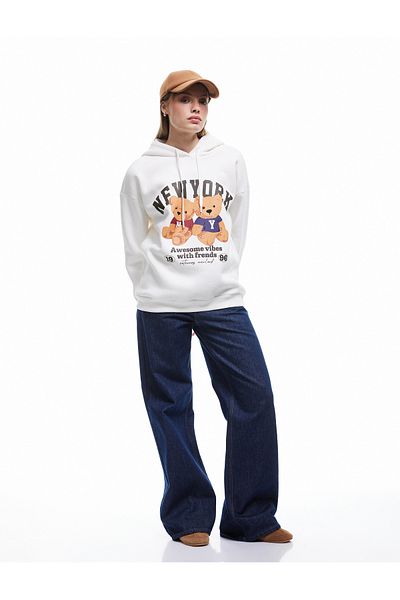 Koton Bear Printed Hooded Oversize Sweatshirt