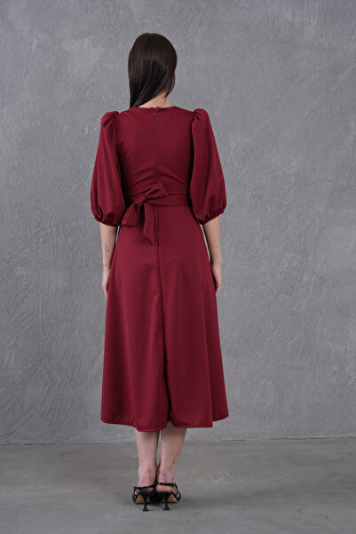 Secret Passion Lingerie Γυναικείο μπαλόνι μανίκι με πέτρα με λεπτομέρεια με ζώνη με διπλό γιακά μπορντό Midi βραδινό φόρεμα 3602