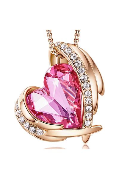 MBrands Rhodium Plated Gold Necklace with Austrian Crystal Pendant, Pink Heart Shape