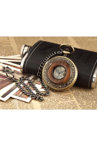 MBrands Gorben skeleton pocket watch with wood-look insert and chain Mechanical Vintage
