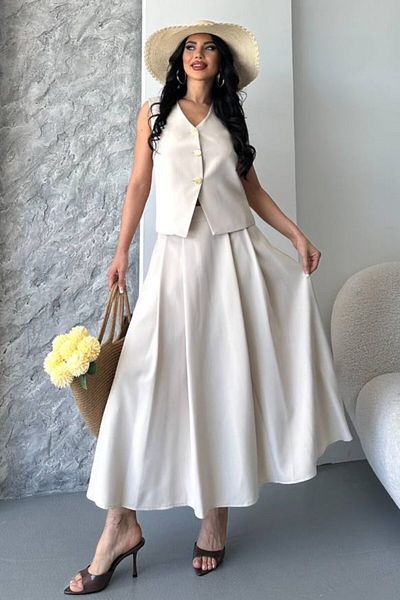 spirituel Women's Double Bottom Top Suit Buttoned Vest Long Bell Skirt Suit