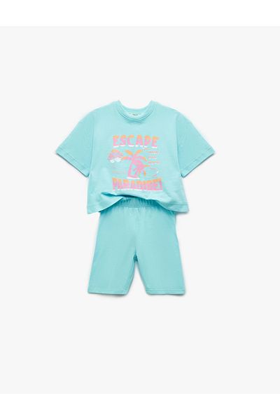 Koton Crew Neck Short Sleeve Cotton Printed T-Shirt and Leggings Set
