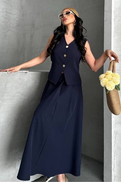 spirituel Women's Double Bottom Top Suit Buttoned Vest Long Bell Skirt Suit