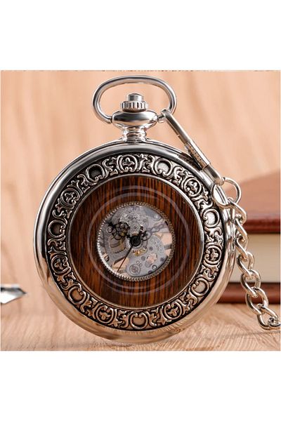 MBrands Gorben skeleton pocket watch with wooden insert and chain Mechanical Vintage, silver