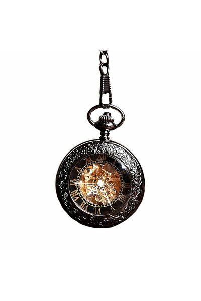 MBrands Pocket Watch, Black With Gold, Skeleton, Mechanical, With Chain, Vintage Style, Box