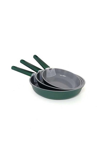 OMS 15016 - 3 Pieces, Induction Cooker Compatible, Cast Iron, Ceramic, (20 - 24 - 28 cm) Pan Set Green