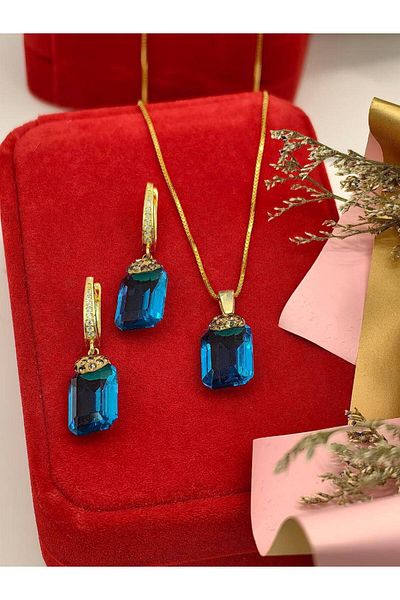 argint 925 Blue stone necklace+earrings set