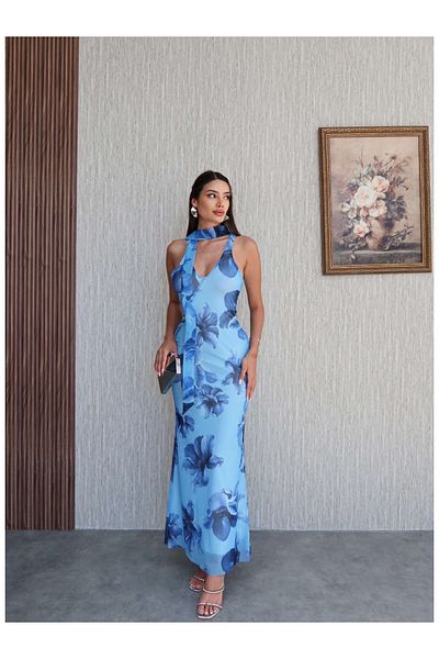 ESRAHELVACI Rochie lungă cu model de flori cu eșarfă de guler