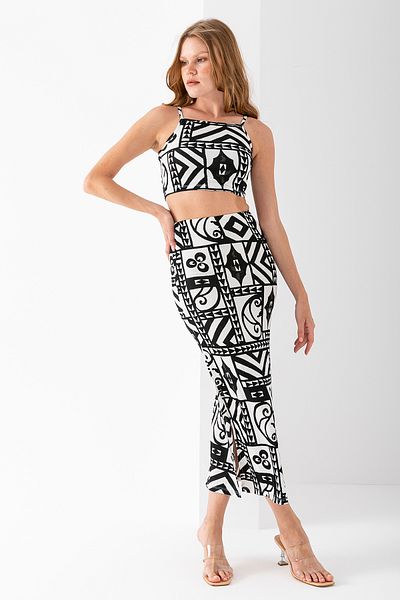 GİYSA Women's Patterned Wrap Double Suit with Suspender Skirt Black - 254411