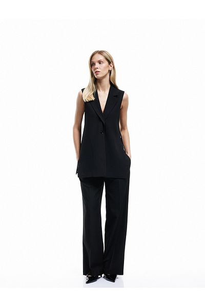 Koton V-Neck Buttoned Long Vest with Crepe Fabric Accessories and Side Window Detail