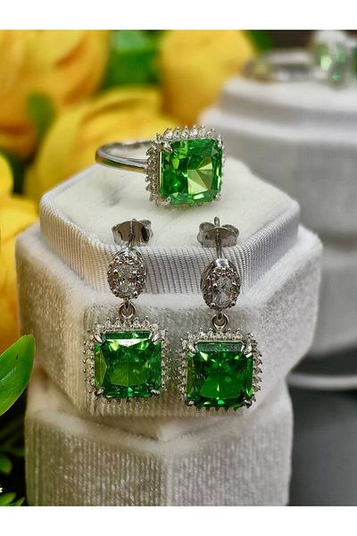 argint 925 Set inel si cercei piatra verde