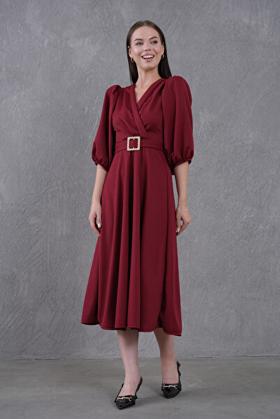 Secret Passion Lingerie Γυναικείο μπαλόνι μανίκι με πέτρα με λεπτομέρεια με ζώνη με διπλό γιακά μπορντό Midi βραδινό φόρεμα 3602