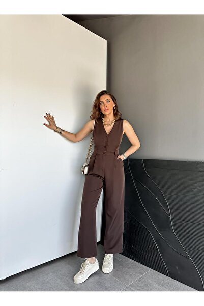Zerrincan Giyim Kahve Düğmeli Kumaş Tulum