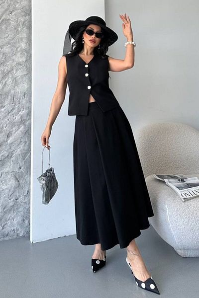 spirituel Women's Double Bottom Top Suit Buttoned Vest Long Bell Skirt Suit
