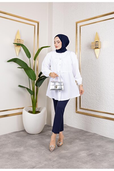 HARMAN BUTİK Women's Buttoned Tie-Up White Shirt