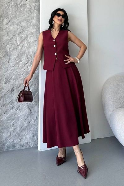 AKD Atelier Women's Double Bottom Top Suit Buttoned Vest Long Bell Skirt Suit