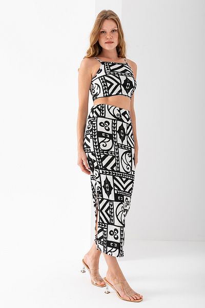 GİYSA Women's Patterned Wrap Double Suit with Suspender Skirt Black - 254411
