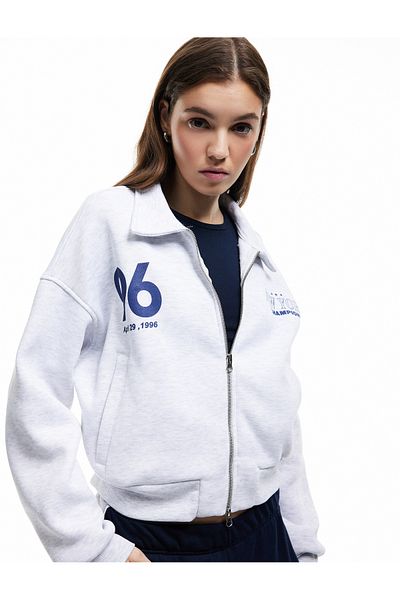 Koton Raised Long Sleeve Pocket Back Printed Zippered Sweatshirt