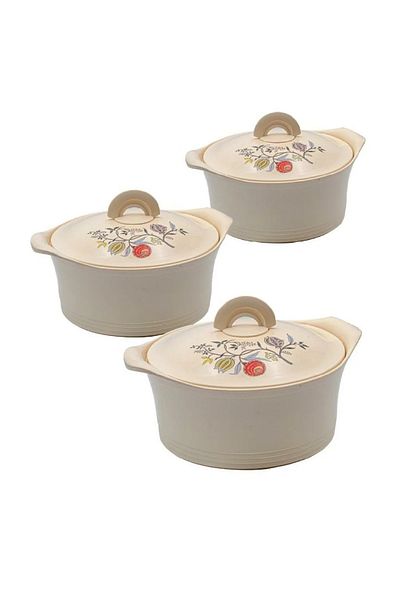 BASURRAH Beige Decorated Food Container Set – 3-Piece Insulated Set (2.5L, 3.5L, 5L) for Hot & Cold Storage