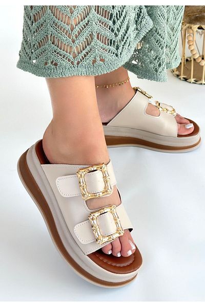 Zerenyus Γυναικείες παντόφλες Jalli Premium Beige Double Buckle