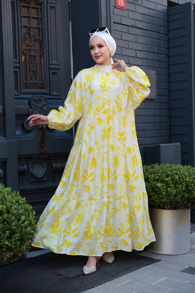 LOCCO Women's Leafy Abstract Pattern Dress Yellow