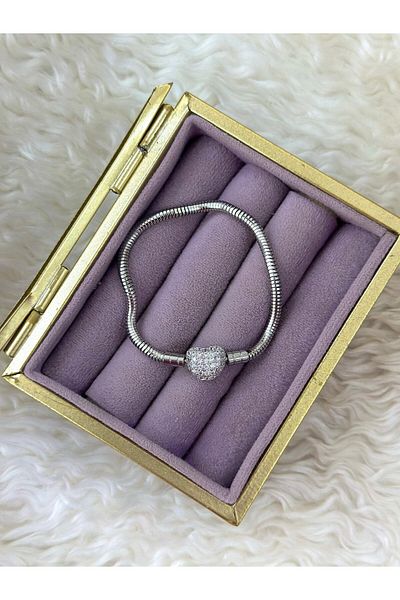 BY YASİN TOPÇU Pave Heart Ball Lock Snake Chain Bracelet (17cm)