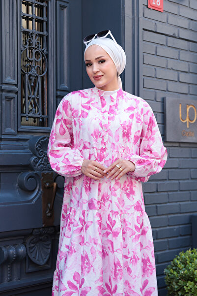 LOCCO Kadın Yapraklı Soyut Desen Elbise Pembe