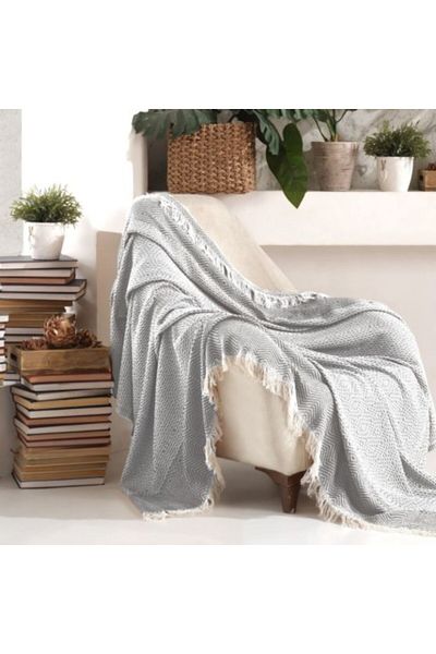 Viaden Thin plaid with tassels, 170x210cm, Etnik Light grey