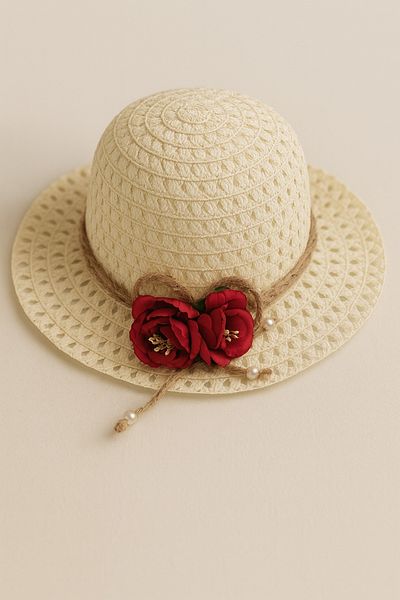 ESİLA KİDS Girls' Pink Bow Summer Straw Hat with Pearl and Bead Decoration 3-8 Years Old
