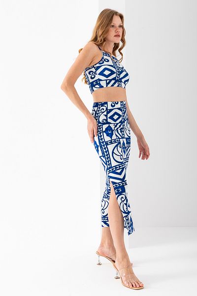 GİYSA Women's Strappy Skirt Patterned Wrap Double Suit Navy Blue - 254411