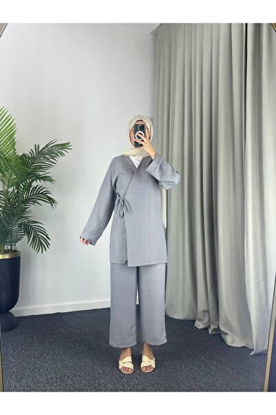 Esre Store 3500 - Linen Fabric Kimono Suit Gray