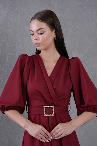 Secret Passion Lingerie Γυναικείο μπαλόνι μανίκι με πέτρα με λεπτομέρεια με ζώνη με διπλό γιακά μπορντό Midi βραδινό φόρεμα 3602