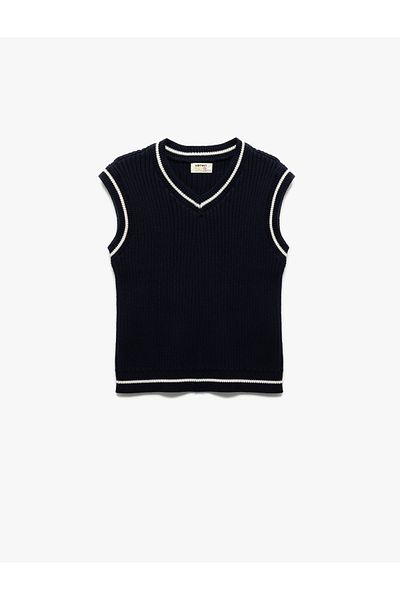 Koton Cotton V-Neck Striped Sleeveless Knitwear Sweater