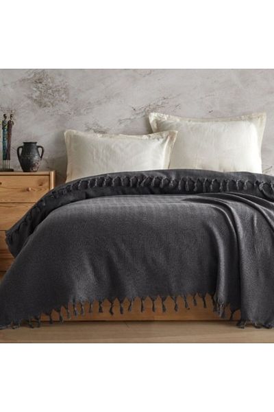 Viaden Pled cu ciucuri din bumbac reciclat 200x220cm, Berlino Gri antracit