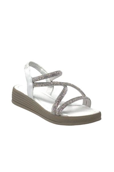 KİNDEP Kindep Stone Piping Detailed Women's Sandals with Elastic Back White