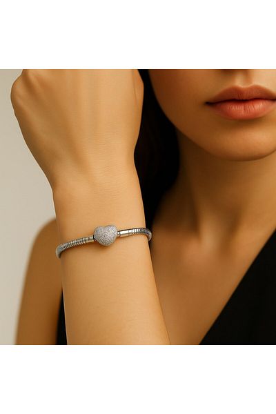BY YASİN TOPÇU Pave Heart Ball Lock Snake Chain Bracelet (17cm)