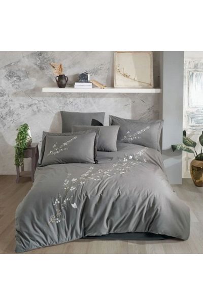 HOBBYY Double Bed Sheet Set in Fine Poplin with Floral Embroidery, Vera Grey