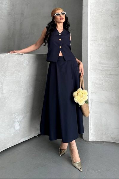 spirituel Women's Double Bottom Top Suit Buttoned Vest Long Bell Skirt Suit
